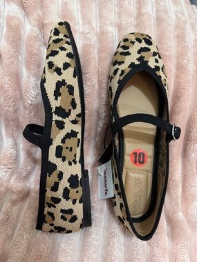 Rachel Zoe Leopard Knit Mary Jane Flats - Beige & Black